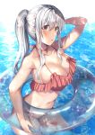  1girl aldehyde bikini bow breasts cleavage collarbone hair_bow hand_on_headwear highres large_breasts long_hair looking_at_viewer neeko neeko_wa_tsurai_yo ocean ocean_bottom open_mouth original ponytail red_bikini red_eyes red_swimsuit silver_hair solo swimsuit tagme water 