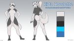  anthro blue_eyes breasts butt canid canine canis digital_media_(artwork) female hair hands_on_hips hi_res kida_howlette kida_howlette_(character) looking_at_viewer mammal model_sheet ponytail simple_background smile solo standing text white_hair wolf 