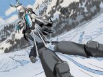  1boy 1girl animal_ears arknights blobfish2333 bunny_ears chinese_commentary commentary_request doctor_(arknights) face_down forest frostnova_(arknights) gintama gloves highres mountain nature parody skiing snow snowboard wedgie 