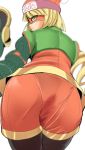  1girl al_bhed_eyes arms_(game) ass ass_focus bangs beanie bent_over blonde_hair blunt_bangs chinese_clothes chirashi_(so) commentary_request crop_top green_eyes green_shirt hat knit_hat layered_clothing legwear_under_shorts looking_at_viewer min_min_(arms) multicolored multicolored_clothes multicolored_headwear orange_background orange_headwear orange_shorts panties_under_shorts pantyhose print_headwear profile shirt shorts solo standing 