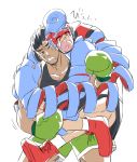  2boys absurdres angry arms_(game) black_hair blue_hair boxing_gloves crying gloves green_gloves green_shorts highres little_mac mask multiple_boys pig pompadour punch-out!! shorts simple_background spring_man_(arms) super_smash_bros. tank_top white_background 