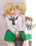  4girls alternate_costume ass ass_grab bangs black_legwear black_neckwear blonde_hair blue_eyes braid darjeeling_(girls_und_panzer) eyebrows_visible_through_hair girls_und_panzer glasses green_skirt hair_intakes hand_under_clothes hand_under_shirt highres kay_(girls_und_panzer) long_sleeves looking_at_another mask mouth_mask multiple_girls neckerchief ooarai_school_uniform oono_aya pantyhose pleated_skirt school_uniform serafuku shirt skirt skirt_lift smile thighband_pantyhose thighhighs thighs uona_telepin white_legwear white_shirt yuri 