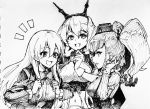 /\/\/\ 3girls anchor_hair_ornament aosa_(momikin) atlanta_(kantai_collection) bow bowtie breasts cardigan commentary commentary_request earrings garrison_cap gloves hair_ornament hairband hairclip hat headgear highres jewelry kantai_collection large_breasts lineart long_hair monochrome multiple_girls mutsu_(kantai_collection) radio_antenna remodel_(kantai_collection) school_uniform short_hair smile star_(symbol) star_earrings suzuya_(kantai_collection) two_side_up upper_body 