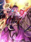  1girl book breasts cape company_name copyright_name fire_emblem fire_emblem_cipher flower gat grin holding holding_book holding_flower horse horseback_riding kousei_horiguchi long_hair official_art open_book poe_(fire_emblem) purple_eyes purple_hair riding smile solo thighhighs volcano 