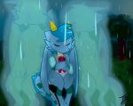  2020 absurd_res blue_body blue_hair dragon eyes_closed front_view grass hair hi_res horn huff_(prate) hugging_object outside plushie prate raining sad signature sitting spirit tree 