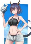  1girl arknights bangs baseball_cap bikini black_bikini blue_hair blue_sky breasts ch&#039;en_(arknights) clothes_writing cloud commentary cowboy_shot day dragon_horns dragon_tail folded_ponytail grey_shorts hair_between_eyes hand_on_hip hat horizon horns long_hair looking_at_viewer medium_breasts navel ocean open_clothes open_fly open_shorts outdoors red_eyes short_shorts shorts sky solo standing swimsuit swimsuit_under_clothes tail unzipped yuzuruka_(bougainvillea) 