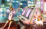  1girl arcade blush foot_out_of_frame green_eyes hair_between_eyes highres indoors long_sleeves looking_at_viewer original pac-man_(game) reflection road sitting sleeves_past_wrists solo sonic_the_hedgehog sticker stool street tao_(tao15102) wide_shot window 