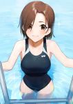  1girl absurdres black_swimsuit breasts brown_eyes brown_hair collarbone commentary_request competition_swimsuit cowboy_shot from_above highres idolmaster idolmaster_cinderella_girls logo looking_at_viewer medium_breasts mizuki_seira onao one-piece_swimsuit pool_ladder short_hair solo sparkle swimsuit water 