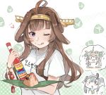  2girls ;q ahoge alternate_costume bangs black_hair bottle brown_hair clothes_writing dog_tail double_bun dress drooling food food_on_face headgear heart highres kantai_collection kongou_(kantai_collection) licking_lips long_hair looking_at_viewer multiple_girls one_eye_closed purple_eyes remodel_(kantai_collection) rice rice_on_face sagor942014 sailor_collar sailor_dress shirt short_hair short_hair_with_long_locks sidelocks smile t-shirt tail tail_wagging thought_bubble tokitsukaze_(kantai_collection) tongue tongue_out zongzi 