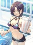  1girl ahoge asakura_tooru bikini black_hair black_shorts blue_bikini blue_eyes blurry breasts byougaku choker collarbone competition_swimsuit cowboy_shot depth_of_field drink earrings fence foreshortening idolmaster idolmaster_shiny_colors jewelry medium_breasts necklace one-piece_swimsuit pool poolside short_hair short_shorts shorts smile solo standing swimsuit tumbler water 