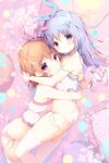  2girls :o ass bangs bare_arms bare_shoulders blue_eyes blue_hair blue_ribbon blush brown_hair camisole commentary_request eyebrows_visible_through_hair frilled_pillow frills gochuumon_wa_usagi_desu_ka? hair_between_eyes hair_ornament hair_ribbon hoto_cocoa hug kafuu_chino long_hair multiple_girls panties parted_lips pillow pink_ribbon purple_eyes ribbon shiratama_(shiratamaco) side-tie_panties thighhighs underwear underwear_only white_camisole white_legwear white_panties x_hair_ornament 