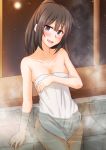  1girl :d akizuki_(kantai_collection) anti_(untea9) bare_shoulders black_hair blush breasts cleavage collarbone highres kantai_collection naked_towel night onsen open_mouth partially_submerged ponytail purple_eyes small_breasts smile solo towel 