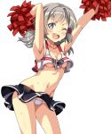  1girl alternate_costume armpits arms_up azur_lane bangs black_skirt blue_eyes breasts character_name cheering cheerleader clothes_writing collarbone commentary_request crop_top crop_top_overhang denver_(azur_lane) eyebrows_visible_through_hair highres holding holding_pom_poms looking_at_viewer macaroni_hourensou midriff miniskirt navel open_mouth panties pantyshot pleated_skirt pom_poms shirt short_hair short_twintails silver_hair simple_background skirt sleeveless sleeveless_shirt small_breasts smile solo sweat twintails underwear white_background white_panties 