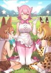  3girls ;d ^_^ animal_ear_fluff animal_ears apron apron_lift bare_shoulders blonde_hair boots bow bowtie brown_hair brown_skirt center_frills closed_eyes commentary_request day dhole_(kemono_friends) eating elbow_gloves extra_ears facing_away food food_on_face gloves grass hand_up highres isuna japari_bun kemono_friends kemono_friends_3 kneeling knees_together_feet_apart lifted_by_self looking_at_viewer multiple_girls musical_note nature official_art ok_sign one_eye_closed open_mouth outdoors panther_ears panther_tail pantyhose peach_panther_(kemono_friends) pink_bow pink_footwear pink_hair pink_neckwear print_gloves print_legwear print_neckwear print_skirt serval_(kemono_friends) serval_ears serval_print shirt shoes short_hair sitting skirt sleeveless sleeveless_shirt smile star_(symbol) thighband_pantyhose thighhighs white_footwear white_gloves white_legwear white_shirt yellow_eyes 