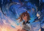  1girl absurdres bangs black_sailor_collar brown_eyes brown_hair cloud evening folded_ponytail hair_between_eyes highres inazuma_(kantai_collection) kaamin_(mariarose753) kantai_collection long_sleeves outdoors ponytail sailor_collar school_uniform serafuku sky solo sunset 