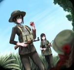  1boy 2girls absurdres ak-47 assault_rifle black_hair blood blood_on_face blurry_foreground bullet_hole commentary corpse day death dog_tags english_commentary grass gun hat helmet highres holding holding_gun holding_weapon load_bearing_equipment long_hair military military_uniform multiple_girls nguyen_tam_lee original outdoors rifle scarf short_hair uniform vietnam_war weapon 