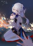  1girl absurdres bare_shoulders blood blood_splatter bloody_hands blue_eyes bow chinese_clothes commentary constellation covering_mouth crying crying_with_eyes_open cuts dated earrings empty_eyes fan fire flower hair_between_eyes hair_flower hair_ornament half-closed_eyes highres holding holding_fan honkai_(series) honkai_impact_3rd injury jewelry kneeling kuo_(kuo114514) looking_at_viewer night night_sky pleated_skirt pov pov_hands silver_hair skirt sky solo_focus star_(sky) starry_sky striped tears theresa_apocalypse theresa_apocalypse_(starlit_astrologos) thighhighs vertical-striped_skirt vertical_stripes white_bow white_legwear 