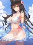  1girl absurdres animal_ears armband atago_(azur_lane) atago_(midsummer_march)_(azur_lane) azur_lane bikini black_hair blue_sky breasts brown_eyes chinese_commentary cloud commentary_request cowboy_shot day extra_ears flower hair_flower hair_ornament highres large_breasts long_hair looking_at_viewer mole mole_under_eye outdoors sky solo star_(symbol) starfish swimsuit water white_bikini wjn-rance 