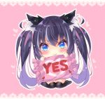  1girl :t animal_ear_fluff animal_ears bangs black_hair black_legwear blue_eyes blue_hair blush bow cat_ears chibi closed_mouth eyebrows_visible_through_hair frilled_pillow frills full_body hair_between_eyes hair_bow heart holding holding_pillow lace_border long_hair multicolored_hair no_shoes ooji_cha original pillow pink_background polka_dot polka_dot_background pout purple_hair sitting solo streaked_hair striped striped_bow thighhighs two-tone_hair very_long_hair wariza wavy_mouth yes yes-no_pillow 