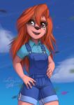  2020 absurd_res anthro canid canine canis clothing cloud day disney domestic_dog female gabbslines goof_troop hair hand_on_hip hi_res long_hair mammal open_mouth open_smile orange_hair overalls roxanne_(goof_troop) signature sky smile solo tongue 
