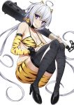  1girl ahoge animal_print bikini black_choker black_footwear choker club eyebrows_visible_through_hair fang fang_out floating from_below hand_on_own_thigh high_heels horns looking_to_the_side oni_horns over_shoulder pencil_skirt senki_zesshou_symphogear skirt solo spiked_choker spikes swimsuit thighhighs tiger_print tsukamoto_kensuke v-shaped_eyebrows weapon white_background white_hair yukine_chris zettai_ryouiki 
