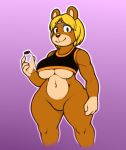  2020 4_fingers accessory animal_crossing anthro athletic beverage big_breasts black_nose blonde_hair bottomless breasts clothed clothing countershade_face countershade_hands countershade_torso countershading crop_top dakkpasserida eyelashes eyeshadow featureless_crotch female fingers hair headband holding_beverage holding_object looking_at_viewer makeup mammal muscular muscular_female navel nintendo paula_(animal_crossing) shirt smile solo standing thick_thighs topwear under_boob ursid video_games wide_hips 