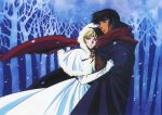  1990s_(style) 1boy 1girl blonde_hair cloak deedlit dress elbow_gloves forest gloves hood hood_up hug nature official_art outdoors parn record_of_lodoss_war red_neckwear scan scarf snowing white_dress 