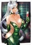  1girl :d alcohol animal_ears bare_shoulders breasts cleavage cup dress drinking_glass elbow_gloves girls_frontline gloves green_dress green_eyes green_gloves hair_between_eyes highres ksvk_(girls_frontline) long_hair open_mouth revealing_clothes signo_aaa simple_background smile solo very_long_hair wine wine_glass 