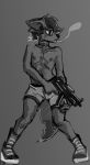  absurd_res anthro canid canine clothed clothing eyewear glasses gun hi_res hybrid kanehei male mammal monochrome ranged_weapon smoking solo topless weapon wolfox09 
