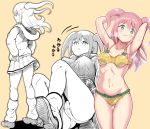  1girl absurdres arms_behind_head ass_visible_through_thighs bikini blush breasts commentary_request from_behind from_below green_eyes hands_on_hips highres long_hair medium_breasts miniskirt motion_lines multiple_views navel nemoto_hina nervous_smile panties pantyshot partially_colored pineapple_print pink_hair pleated_skirt print_bikini school_uniform shoes simple_background skirt smile socks stomach sweat swimsuit tomato_cyuki translation_request two_side_up underwear watashi_ga_motenai_no_wa_dou_kangaetemo_omaera_ga_warui! yellow_background 