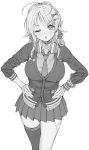  1girl ;o ahoge ameyame breasts character_request choker copyright_request greyscale hands_on_hips highres large_breasts long_hair monochrome necktie one_eye_closed school_uniform single_thighhigh solo thighhighs v-shaped_eyebrows white_background zettai_ryouiki 