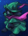  clothing deltarune floating green_clothing hat headgear headwear kurogin male night purple_scarf ralsei scarf solo star video_games 