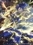  1boy armor black_hair cape electricity felix_hugo_fraldarius fire_emblem fire_emblem:_three_houses fire_emblem_cipher fur_trim gloves japanese_armor katana monster official_art ponytail solo suzuki_rika sword weapon yellow_eyes 