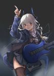  1girl aegisfate arknights arm_up bangs black_background black_legwear black_skirt blue_jacket blue_tail blunt_bangs blush demon_horns demon_tail eyebrows_visible_through_hair guitar highres holding holding_instrument horns instrument jacket liskarm_(arknights) long_hair long_sleeves looking_at_viewer neckerchief open_clothes open_jacket open_mouth pleated_skirt pointing pointing_up red_eyes simple_background skirt smile solo standing steam tail teeth thighhighs thighs upper_teeth watch wavy_hair white_hair wristwatch 