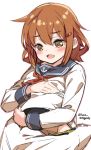  1boy 1girl admiral_(kantai_collection) anchor_symbol black_sailor_collar brown_hair commentary_request cowboy_shot fake_pregnancy fang hair_ornament hairclip head_under_clothes hug ikazuchi_(kantai_collection) kantai_collection laco_soregashi neckerchief open_mouth red_neckwear sailor_collar school_uniform serafuku short_hair simple_background twitter_username white_background 