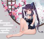  1girl architecture bangs bare_legs bare_shoulders bare_thighs black_dress blunt_bangs blush breasts china_dress chinese_clothes cleavage detached_sleeves double_bun dress east_asian_architecture fate/grand_order fate_(series) feet flower hand_on_own_chest large_breasts long_hair purple_hair side_slit sitting thighs twintails very_long_hair window yang_guifei_(fate/grand_order) yoshinobori 
