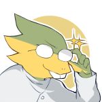  1:1 alphys ambiguous_gender anthro buckteeth claws clothed clothing coat eyewear female_(lore) glasses holding_glasses lab_coat obscured_eyes portrait reptile scales scalie simple_background smile solo sparkles ss_komu teeth three-quarter_view topwear undertale video_games yellow_body yellow_scales 