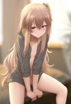  1girl bangs blush bottomless breasts brown_hair collarbone ginhaha girls_frontline grey_jacket highres hood hooded_jacket jacket long_hair long_sleeves looking_at_viewer naked_jacket one_side_up open_clothes open_jacket scar scar_across_eye sitting small_breasts smile thighs ump45_(girls_frontline) yellow_eyes 