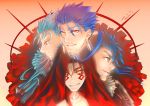  4boys blue_hair cu_chulainn_(fate)_(all) cu_chulainn_(fate/grand_order) cu_chulainn_(fate/prototype) cu_chulainn_alter_(fate/grand_order) dated earrings face facepaint facial_mark fate/grand_order fate/prototype fate/stay_night fate_(series) gradient gradient_background grin hair_strand highres hood jewelry lancer long_hair looking_at_viewer looking_away macha_(drawing_macha) male_focus multiple_boys orange_background profile red_eyes signature smile spikes thick_eyebrows yellow_background 