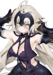  1girl absurdres ahoge armor armored_dress armpits arms_up bangs bare_shoulders black_gloves blush breasts chain cleavage closed_mouth collar dress elbow_gloves fate/grand_order fate_(series) faulds gauntlets gloves hands_in_hair headpiece highres jeanne_d&#039;arc_(alter)_(fate) jeanne_d&#039;arc_(fate)_(all) jikatarou large_breasts long_hair looking_at_viewer metal_collar navel navel_cutout silver_hair yellow_eyes 