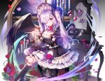  aliasing applecaramel_(acaramel) bow breasts butterfly cleavage cropped doll dress elbow_gloves eyepatch flowers gloves goth-loli gray_hair headdress kneehighs lolita_fashion long_hair mirror original petals red_eyes rose twintails wings 