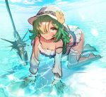  1girl all_fours bikini flower granblue_fantasy green_eyes green_hair hair_flower hair_ornament hair_over_one_eye hat highres kolulu_(granblue_fantasy) ocean planted_weapon polearm rojione spear swimsuit weapon 