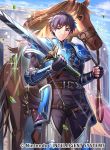  1boy armor belt chachie fingerless_gloves fire_emblem fire_emblem:_the_binding_blade fire_emblem_cipher gloves horse leaf noah_(fire_emblem) official_art purple_eyes purple_hair sky solo sparkle sword weapon 