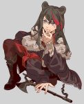  1girl animal_ears arknights arm_ribbon axe bangs battle_axe bear_ears bear_girl black_hair blue_eyes boots chain coat disconnected_mouth eyebrows_visible_through_hair fingernails fur-trimmed_coat fur_trim gong_(mgong520) hair_between_eyes hand_on_own_chin highres layered_clothing long_hair looking_away looking_to_the_side multicolored_hair one_knee oversized_clothes raised_eyebrow red_pupils ribbon simple_background streaked_hair sweater swept_bangs weapon white_background zima_(arknights) zipper 
