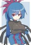  1girl :o arm_under_breasts blue_gloves blue_hair border breasts commentary_request eyebrows_visible_through_hair gen_5_pokemon gloves high_ponytail hydreigon looking_at_viewer maks_(makusu_210) open_mouth outside_border personification pokemon pokemon_(creature) ponytail red_eyes simple_background solo thighhighs tied_hair tongue white_border 
