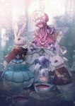  1girl absurdres blurry blurry_background bow bunny clock cracked cup dress gen_8_pokemon highres holding holding_cup hourglass huge_filesize indoors lens_flare moe_(hamhamham) personification pink_bow pink_dress pink_headwear pokemon polteageist purple_hair tea teacup teapot yellow_eyes 