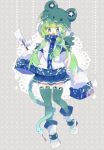  +_+ 1girl adapted_costume animal_band_legwear animal_hood animal_print blue_skirt detached_sleeves doily frog_hood frog_print full_body gohei green_eyes green_hair green_legwear grey_background hair_ornament hair_tubes highres hood kochiya_sanae long_hair nikorashi-ka open_mouth polka_dot polka_dot_background shirt skirt sleeves_past_fingers sleeves_past_wrists snake snake_hair_ornament solo symbol_commentary thighhighs touhou white_footwear white_shirt wide_sleeves 