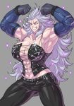  1girl abs absurdres armpits belt black_pants breasts cleavage corset dorohedoro earrings elbow_gloves furrowed_eyebrows gloves grin highres hutago jewelry large_breasts long_hair muscle muscular_female noi_(dorohedoro) pants red_eyes smile sparkle white_hair 