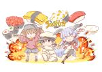  1boy 2girls :&lt; admiral_(kantai_collection) bangs black_hair black_legwear brown_hair chibi closed_mouth dress explosion eyebrows_visible_through_hair food fudeyama_(fudeco) grey_hair gunkanmaki hair_ribbon hat headgear highres holding holding_food holding_plate japanese_clothes kantai_collection kariginu long_hair long_sleeves magatama multiple_girls murakumo_(kantai_collection) pantyhose plate remodel_(kantai_collection) ribbon ryuujou_(kantai_collection) short_sleeves standing standing_on_one_leg sushi thighhighs tress_ribbon twintails visor_cap 