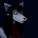  1:1 2020 anthro black_hair black_nose blood blood_on_clothing bodily_fluids breasts canid canine canis cleavage clothed clothing domestic_dog dress female ghost_pupper hair hi_res hladilnik long_mouth mammal no_irises purple_background simple_background slit_throat smile solo wounded 